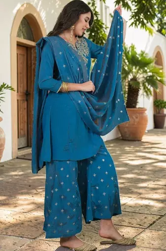 Women Ethnic Motifs Embroidered Regular Kurta with Palazzos & With Dupatta