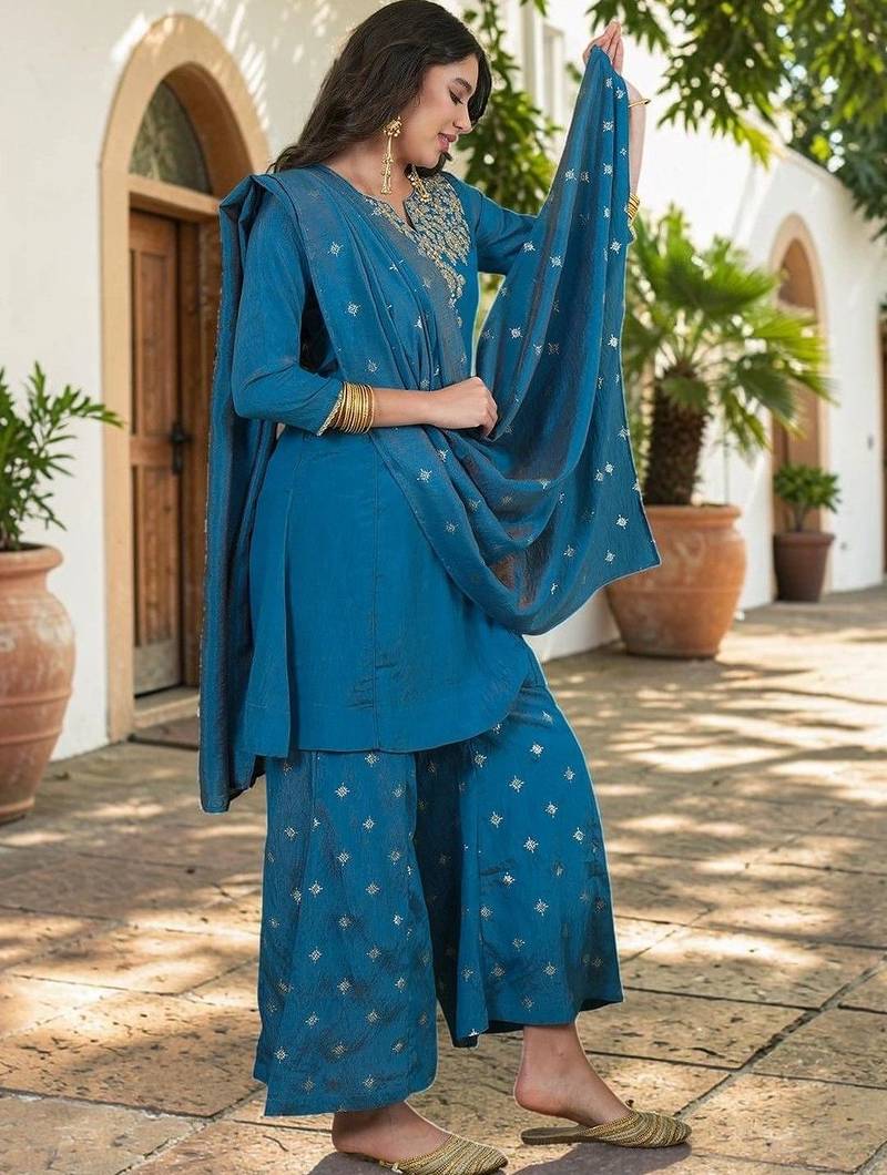 Women Ethnic Motifs Embroidered Regular Kurta with Palazzos & With Dupatta