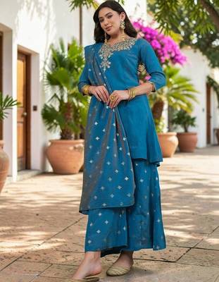 Women Ethnic Motifs Embroidered Regular Kurta with Palazzos & With Dupatta 7
