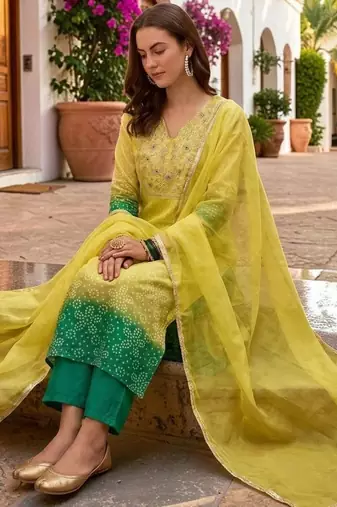 Women Ombre Dyed Regular Kurta with Trousers & With Dupatta