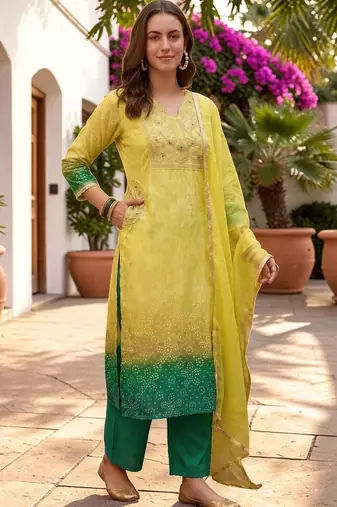 Women Ombre Dyed Regular Kurta with Trousers & With Dupatta