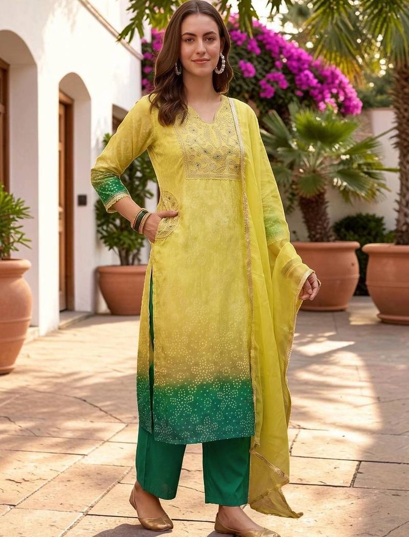 Women Ombre Dyed Regular Kurta with Trousers & With Dupatta