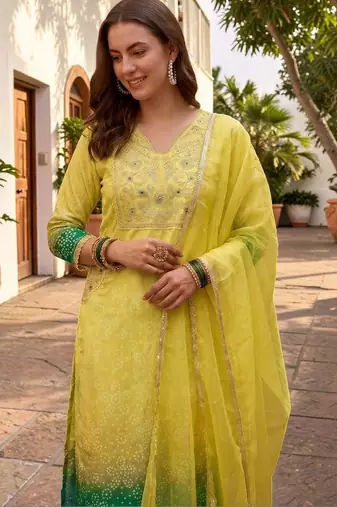 Women Ombre Dyed Regular Kurta with Trousers & With Dupatta