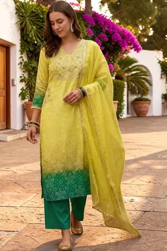 Women Ombre Dyed Regular Kurta with Trousers & With Dupatta