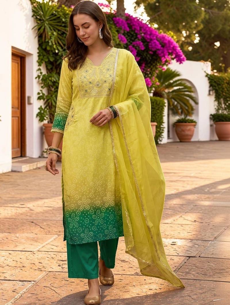 Women Ombre Dyed Regular Kurta with Trousers & With Dupatta