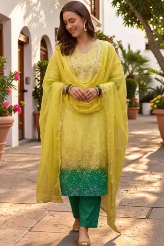 Women Ombre Dyed Regular Kurta with Trousers & With Dupatta