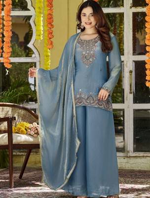 Women Ethnic Motifs Embroidered Regular Thread Work Kurta with Palazzos & With Dupatta 1