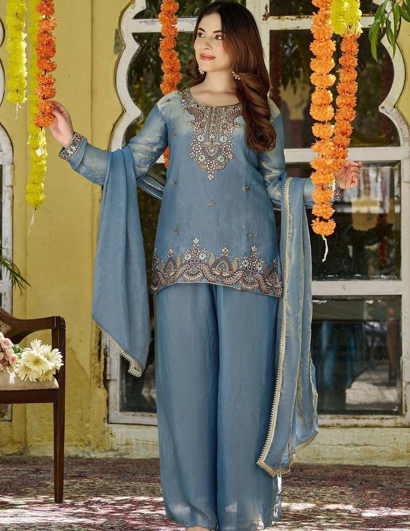 Women Ethnic Motifs Embroidered Regular Thread Work Kurta with Palazzos & With Dupatta