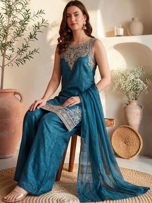Women Ethnic Motifs Embroidered Regular Thread Work Kurta with Palazzos & With Dupatta 1
