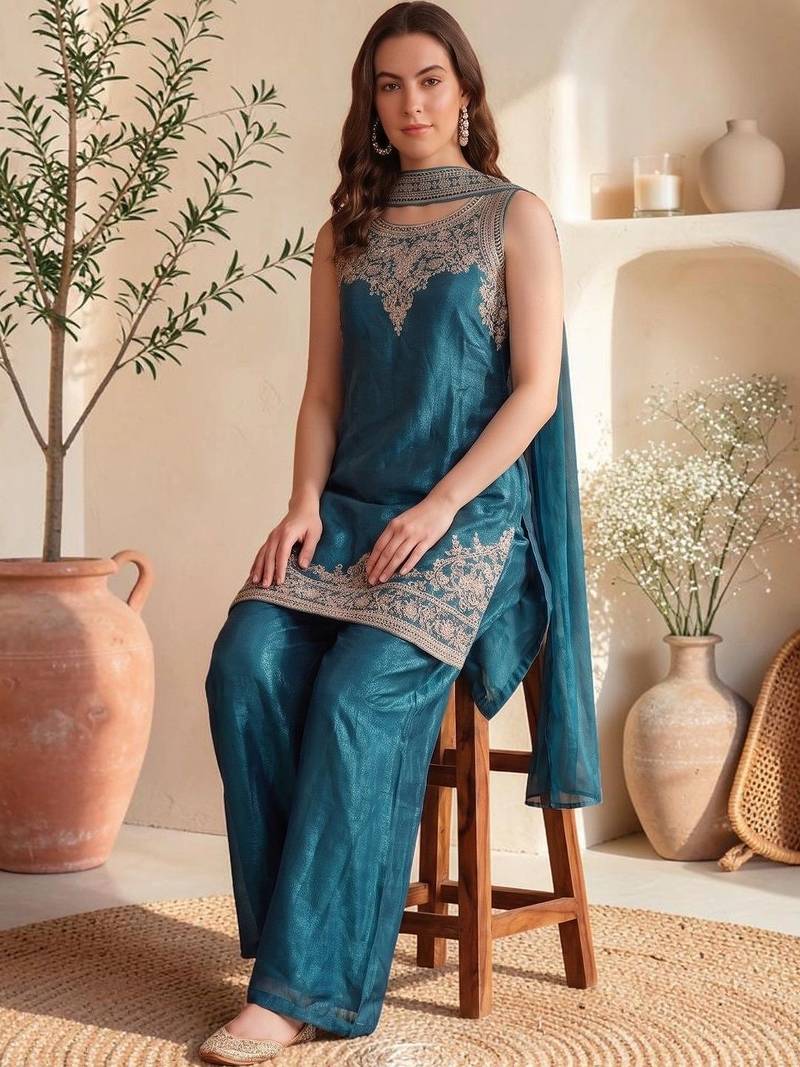 Women Ethnic Motifs Embroidered Regular Thread Work Kurta with Palazzos & With Dupatta