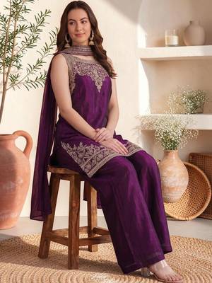 Women Ethnic Motifs Embroidered Regular Thread Work Kurta with Palazzos & With Dupatta 1