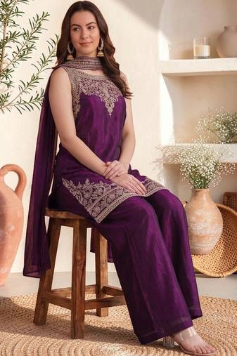 Women Ethnic Motifs Embroidered Regular Thread Work Kurta with Palazzos & With Dupatta