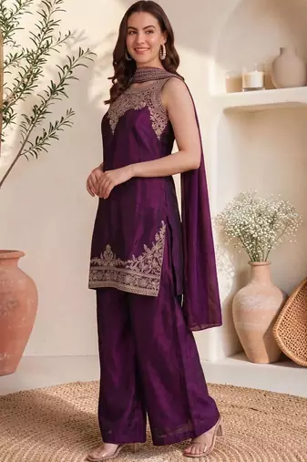 Women Ethnic Motifs Embroidered Regular Thread Work Kurta with Palazzos & With Dupatta