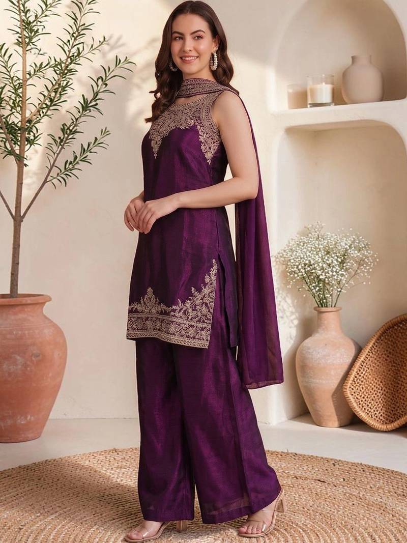Women Ethnic Motifs Embroidered Regular Thread Work Kurta with Palazzos & With Dupatta