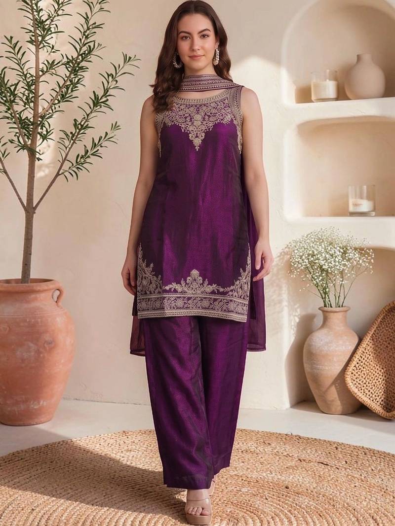 Women Ethnic Motifs Embroidered Regular Thread Work Kurta with Palazzos & With Dupatta