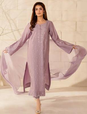 Women Floral Embroidered Regular Thread Work Silk Crepe Kurta with Trousers & With Dupatta 5