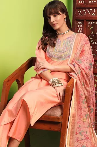 Women Ethnic Motifs Embroidered Regular Thread Work Kurta with Trousers & With Dupatta