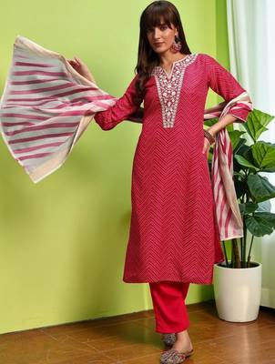 Women Printed Regular Thread Work Pure Cotton Kurta with Trousers & With Dupatta 2