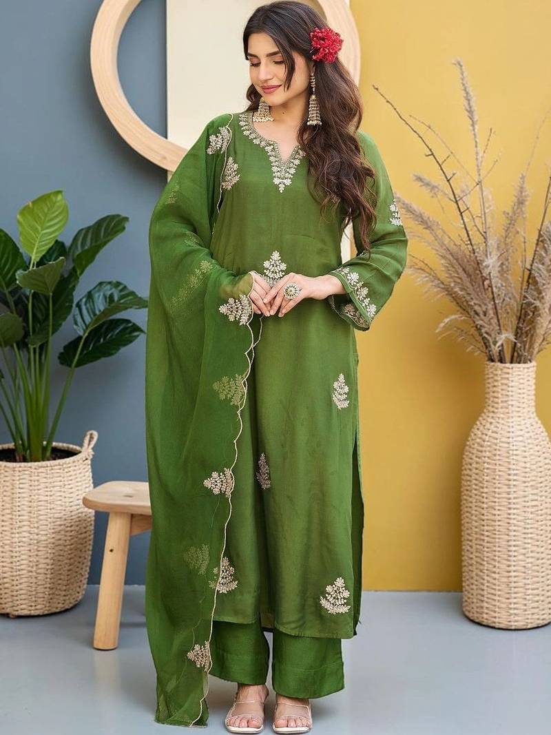 Women Ethnic Motifs Embroidered Regular Thread Work Kurta with Palazzos & With Dupatta