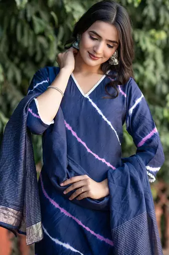 Women Dyed Angrakha Kurta with Trousers & With Dupatta