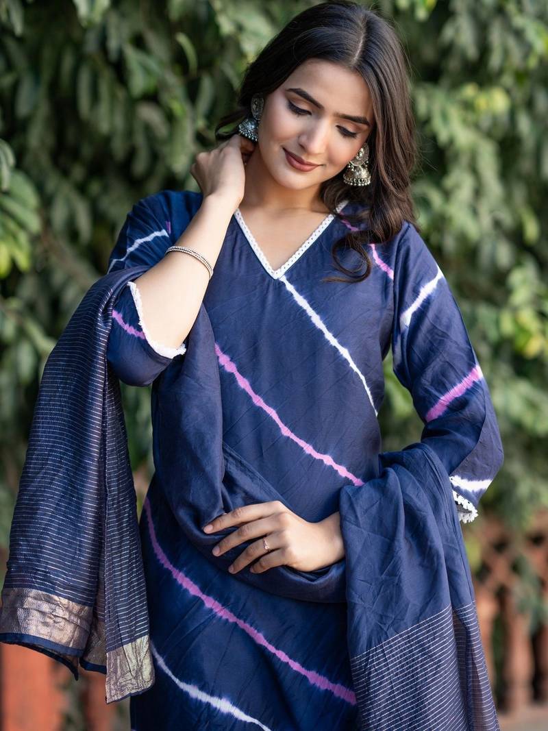 Women Dyed Angrakha Kurta with Trousers & With Dupatta