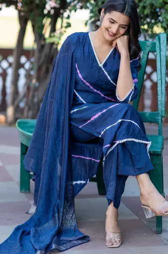 Women Dyed Angrakha Kurta with Trousers & With Dupatta