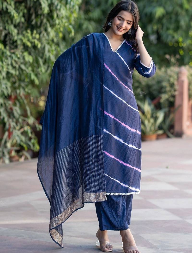 Women Dyed Angrakha Kurta with Trousers & With Dupatta
