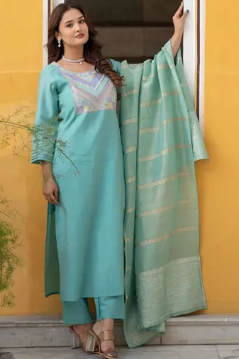 Women Ethnic Motifs Embroidered Regular Thread Work Kurta with Trousers & With Dupatta