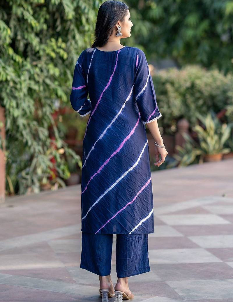 Leheriya Dyed V-Neck Pure Silk Straight Kurta With Trousers & Dupatta