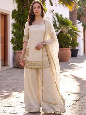 Women Ethnic Motifs Embroidered Regular Silk Chiffon Kurta with Palazzos & With Dupatta 1