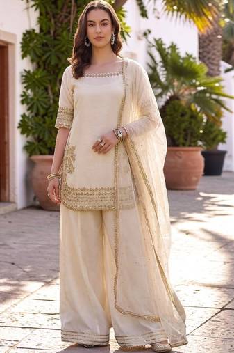 Women Ethnic Motifs Embroidered Regular Silk Chiffon Kurta with Palazzos & With Dupatta