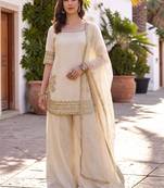 Women Ethnic Motifs Embroidered Regular Silk Chiffon Kurta with Palazzos & With Dupatta