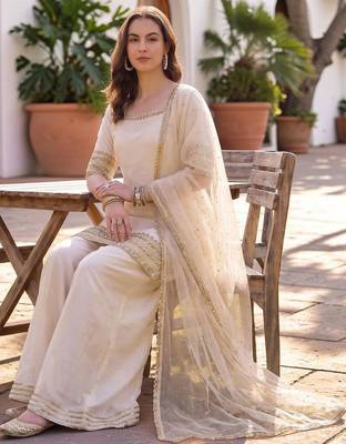 Women Ethnic Motifs Embroidered Regular Silk Chiffon Kurta with Palazzos & With Dupatta 2