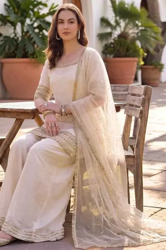 Women Ethnic Motifs Embroidered Regular Silk Chiffon Kurta with Palazzos & With Dupatta
