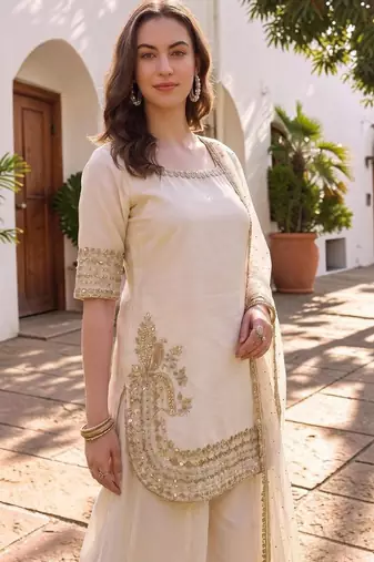 Women Ethnic Motifs Embroidered Regular Silk Chiffon Kurta with Palazzos & With Dupatta
