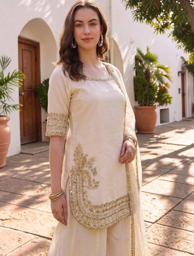 Women Ethnic Motifs Embroidered Regular Silk Chiffon Kurta with Palazzos & With Dupatta