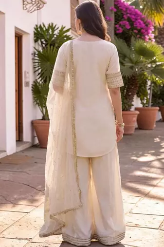 Women Ethnic Motifs Embroidered Regular Silk Chiffon Kurta with Palazzos & With Dupatta