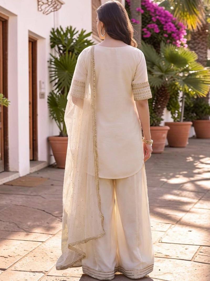Women Ethnic Motifs Embroidered Regular Silk Chiffon Kurta with Palazzos & With Dupatta
