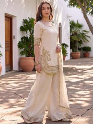 Women Ethnic Motifs Embroidered Regular Silk Chiffon Kurta with Palazzos & With Dupatta 5