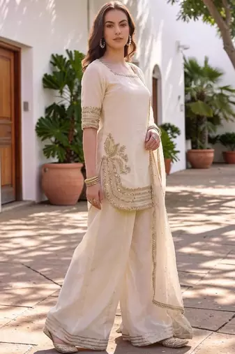 Women Ethnic Motifs Embroidered Regular Silk Chiffon Kurta with Palazzos & With Dupatta