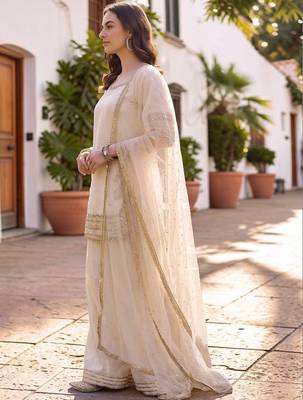 Women Ethnic Motifs Embroidered Regular Silk Chiffon Kurta with Palazzos & With Dupatta 6