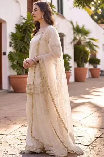 Women Ethnic Motifs Embroidered Regular Silk Chiffon Kurta with Palazzos & With Dupatta
