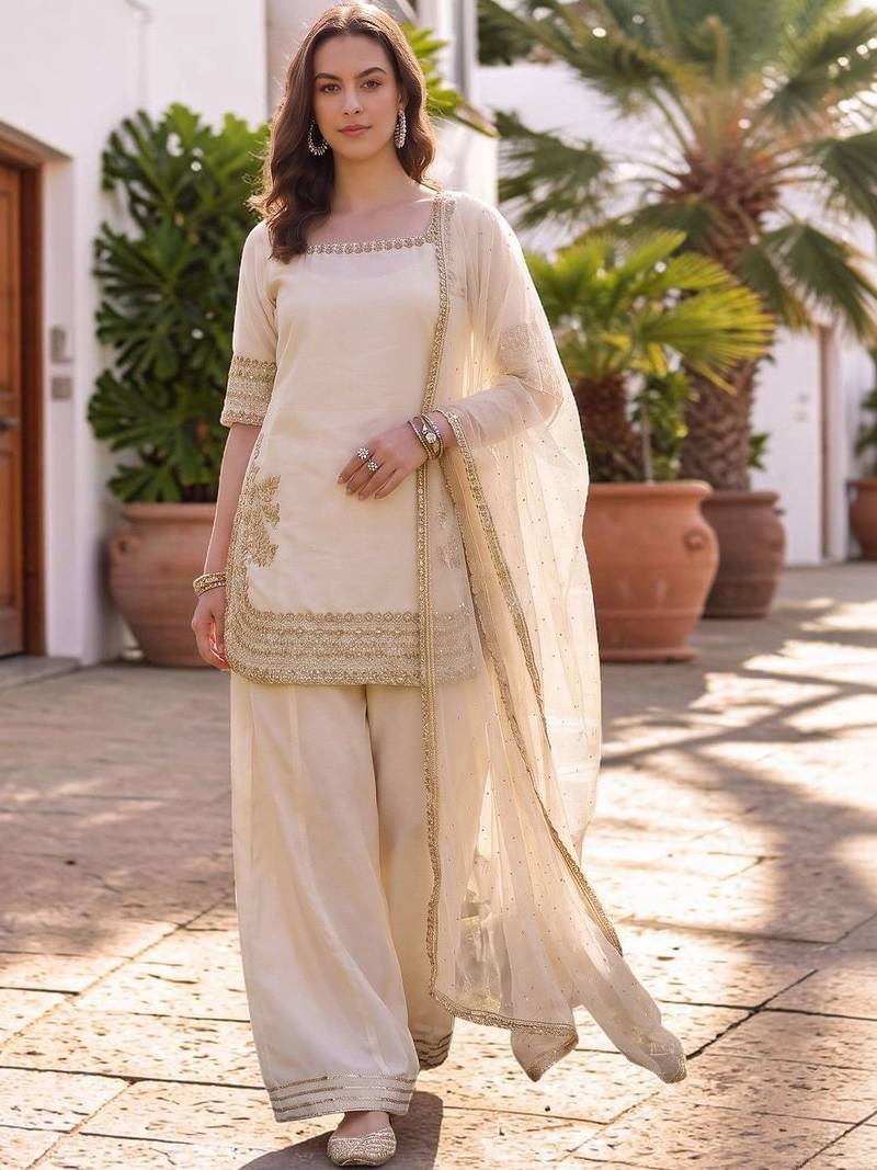 Women Ethnic Motifs Embroidered Regular Silk Chiffon Kurta with Palazzos & With Dupatta