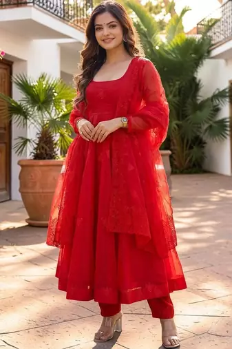 Women Empire Thread Work Kurta with Trousers & With Dupatta
