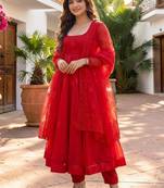 Women Empire Thread Work Kurta with Trousers & With Dupatta