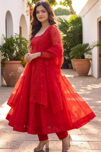 Women Empire Thread Work Kurta with Trousers & With Dupatta