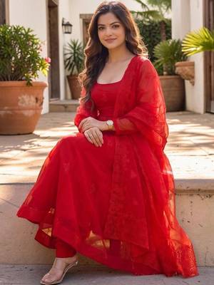 Women Empire Thread Work Kurta with Trousers & With Dupatta 6