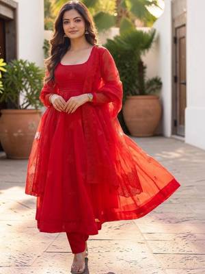 Women Empire Thread Work Kurta with Trousers & With Dupatta 7