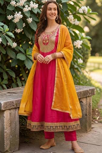Women Embroidered Empire Thread Work Kurta with Trousers & With Dupatta