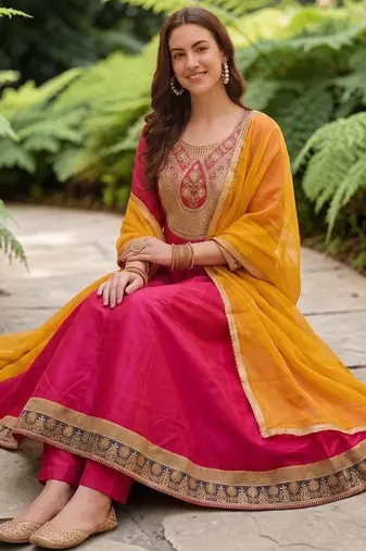Women Embroidered Empire Thread Work Kurta with Trousers & With Dupatta